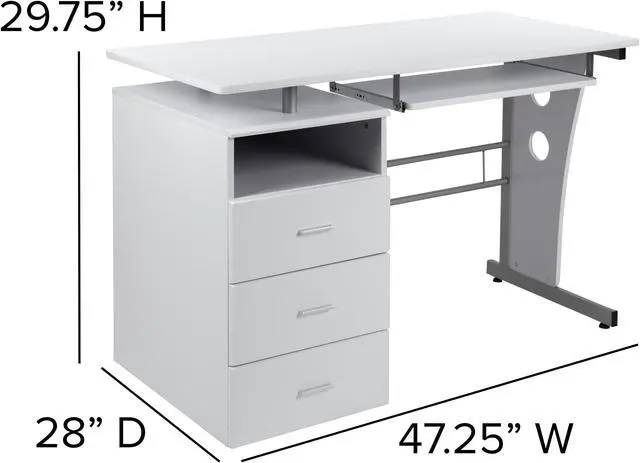 Alt view image 5 of 20 - White Desk with Three Drawer Pedestal and Pull-Out Keyboard Tray