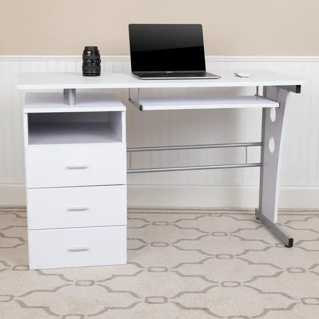 Alt view image 2 of 20 - White Desk with Three Drawer Pedestal and Pull-Out Keyboard Tray