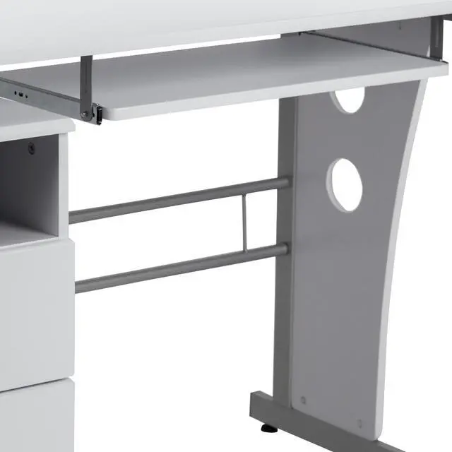 Alt view image 6 of 20 - White Desk with Three Drawer Pedestal and Pull-Out Keyboard Tray