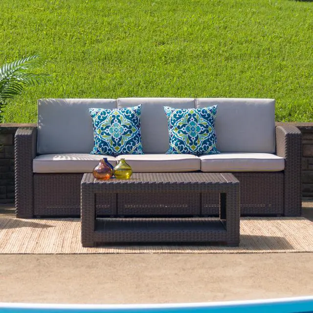 Main image of Chocolate Brown Faux Rattan Sofa with All-Weather Beige Cushions