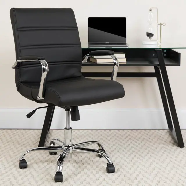 Alt view image 2 of 20 - Mid-Back Black Leather Executive Swivel Chair with Chrome Base and Arms