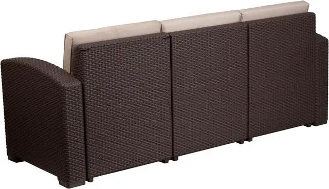 Alt view image 3 of 20 - Chocolate Brown Faux Rattan Sofa with All-Weather Beige Cushions