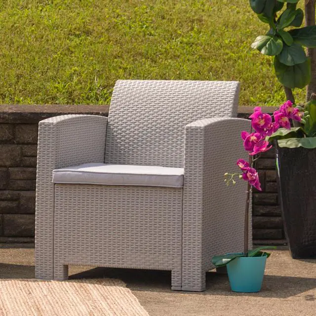 Main image of Light Gray Faux Rattan Chair with All-Weather Light Gray Cushion