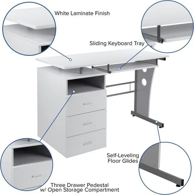 Alt view image 4 of 20 - White Desk with Three Drawer Pedestal and Pull-Out Keyboard Tray
