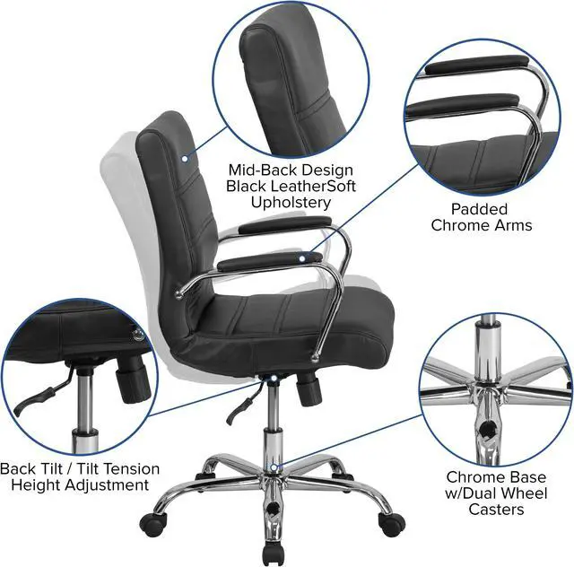 Alt view image 4 of 20 - Mid-Back Black Leather Executive Swivel Chair with Chrome Base and Arms