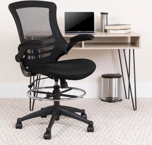 Alt view image 2 of 20 - Mid-Back Black Mesh Ergonomic Drafting Chair with Adjustable Foot Ring and Flip-Up Arms