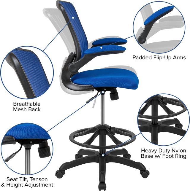 Alt view image 3 of 20 - Mid-Back Blue Mesh Ergonomic Drafting Chair with Adjustable Foot Ring and Flip-Up Arms