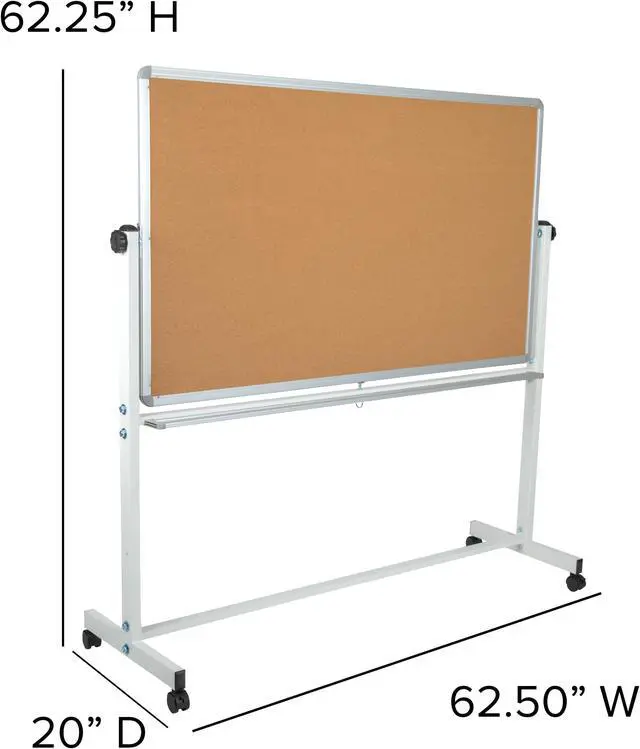 Alt view image 4 of 20 - HERCULES Series 62.5"W x 62.25"H Reversible Mobile Cork Bulletin Board and White Board with Pen Tray