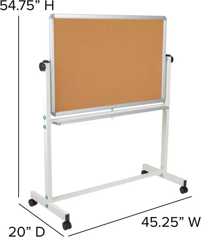 Alt view image 4 of 20 - HERCULES Series 45.25"W x 54.75"H Reversible Mobile Cork Bulletin Board and White Board with Pen Tray