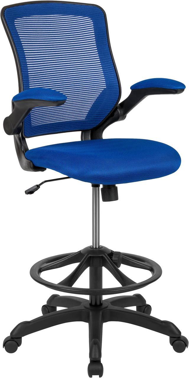 Alt view image 2 of 20 - Mid-Back Blue Mesh Ergonomic Drafting Chair with Adjustable Foot Ring and Flip-Up Arms