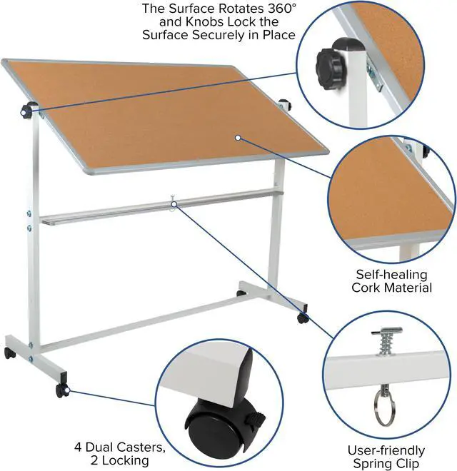 Alt view image 3 of 20 - HERCULES Series 62.5"W x 62.25"H Reversible Mobile Cork Bulletin Board and White Board with Pen Tray