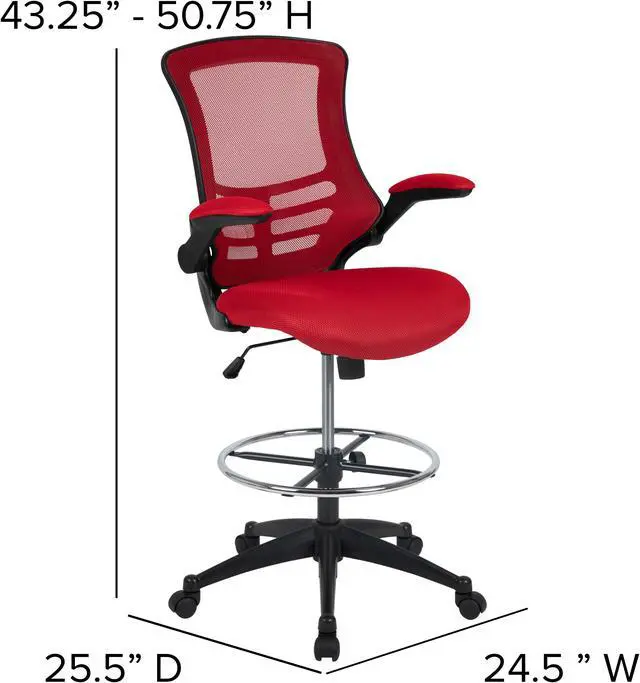 Alt view image 4 of 20 - Mid-Back Red Mesh Ergonomic Drafting Chair with Adjustable Foot Ring and Flip-Up Arms