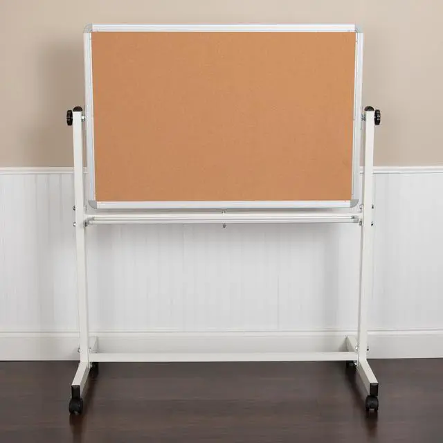 Main image of HERCULES Series 45.25"W x 54.75"H Reversible Mobile Cork Bulletin Board and White Board with Pen Tray