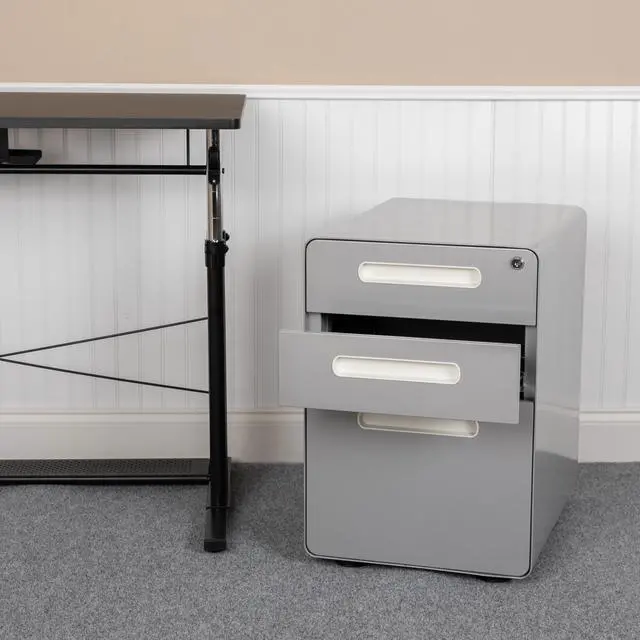 Main image of Ergonomic 3-Drawer Mobile Locking Filing Cabinet with Anti-Tilt Mechanism and Hanging Drawer for Legal & Letter Files, Gray