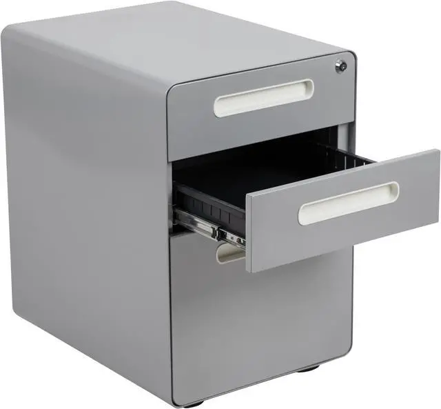 Alt view image 6 of 20 - Ergonomic 3-Drawer Mobile Locking Filing Cabinet with Anti-Tilt Mechanism and Hanging Drawer for Legal & Letter Files, Gray
