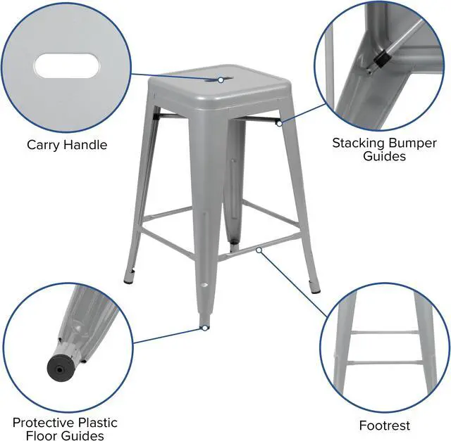 Alt view image 4 of 20 - 24" High Metal Counter-Height, Indoor Bar Stool in Silver - Stackable Set of 4