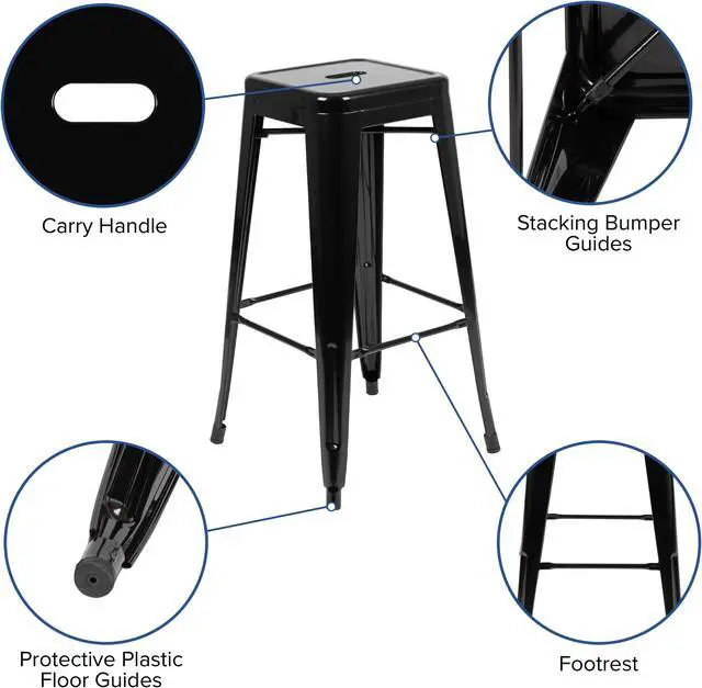 Alt view image 4 of 20 - 30" High Metal Indoor Bar Stool in Black - Stackable Set of 4