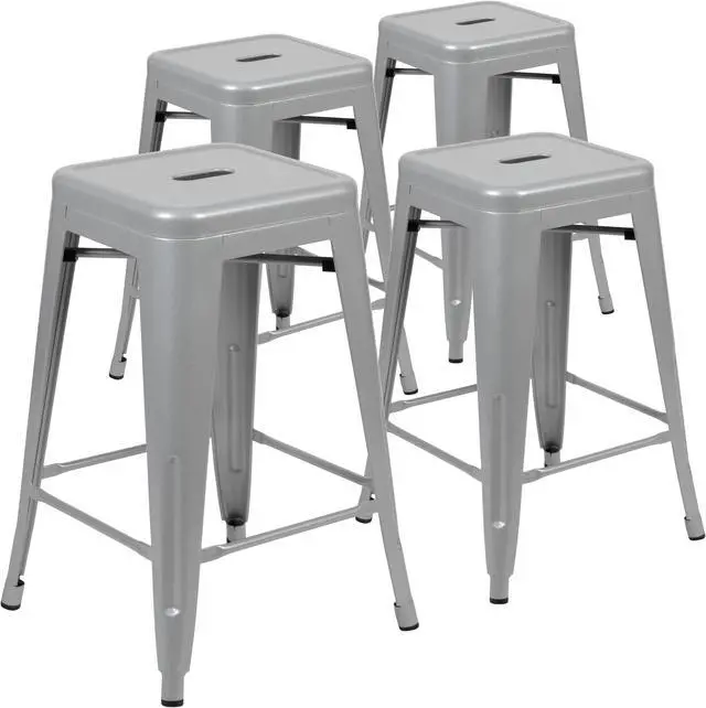 Alt view image 3 of 20 - 24" High Metal Counter-Height, Indoor Bar Stool in Silver - Stackable Set of 4