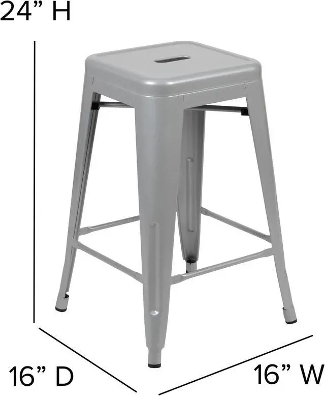Alt view image 5 of 20 - 24" High Metal Counter-Height, Indoor Bar Stool in Silver - Stackable Set of 4