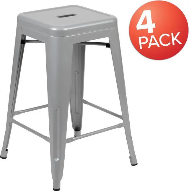 Alt view image 2 of 20 - 24" High Metal Counter-Height, Indoor Bar Stool in Silver - Stackable Set of 4