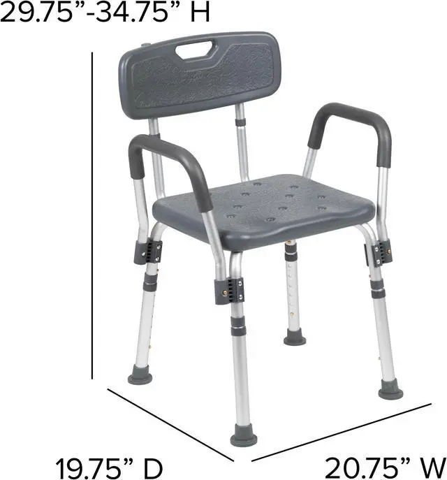 Alt view image 6 of 20 - HERCULES Series 300 Lb. Capacity Adjustable Gray Bath & Shower Chair with Quick Release Back & Arms