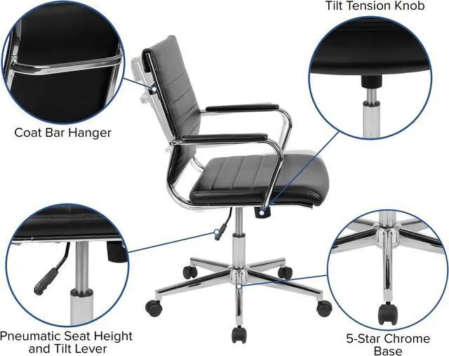 Alt view image 3 of 20 - Mid-Back Black LeatherSoft Contemporary Ribbed Executive Swivel Office Chair