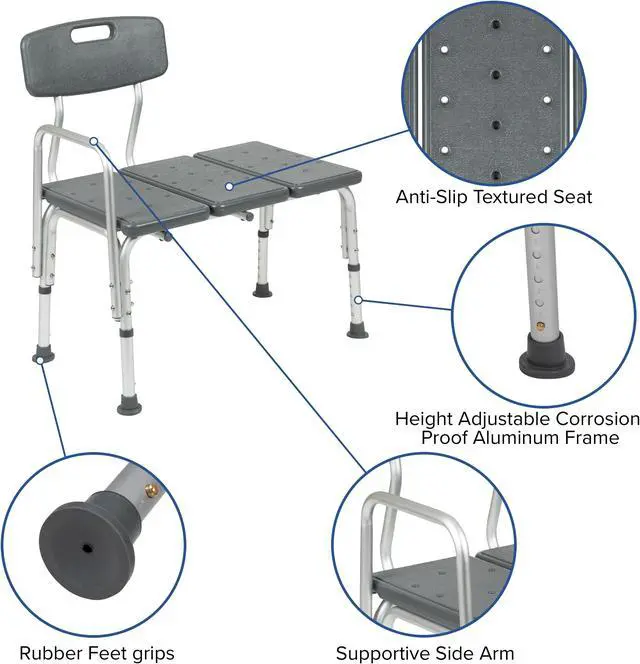 Alt view image 5 of 20 - HERCULES Series 300 Lb. Capacity Adjustable Gray Bath & Shower Transfer Bench with Back and Side Arm