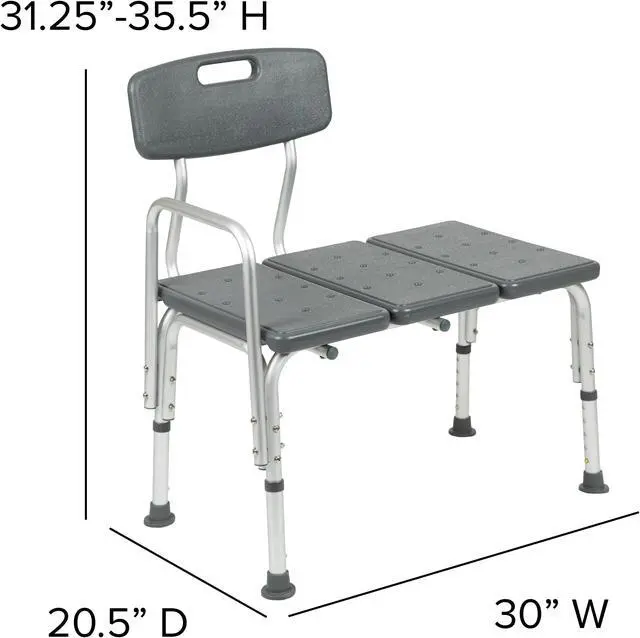 Alt view image 7 of 20 - HERCULES Series 300 Lb. Capacity Adjustable Gray Bath & Shower Transfer Bench with Back and Side Arm
