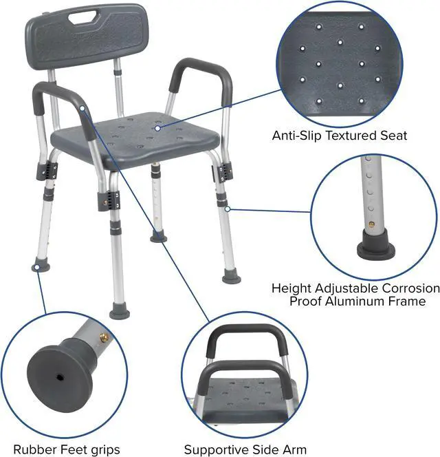 Alt view image 4 of 20 - HERCULES Series 300 Lb. Capacity Adjustable Gray Bath & Shower Chair with Quick Release Back & Arms