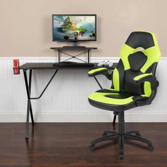 Main image of Black Gaming Desk and Green/Black Racing Chair Set with Cup Holder, Headphone Hook, and Monitor/Smartphone Stand