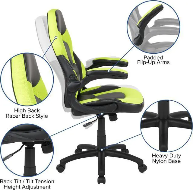 Alt view image 4 of 20 - Black Gaming Desk and Green/Black Racing Chair Set with Cup Holder, Headphone Hook, and Monitor/Smartphone Stand