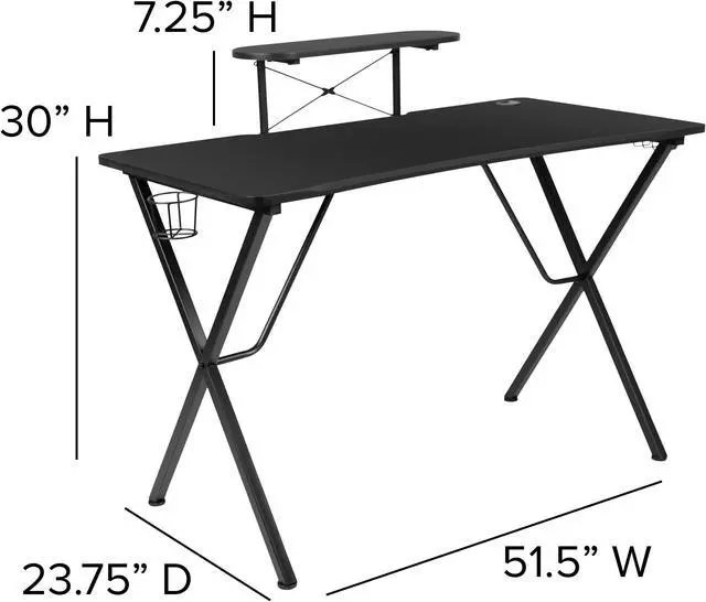 Alt view image 7 of 20 - Black Gaming Desk and Green/Black Racing Chair Set with Cup Holder, Headphone Hook, and Monitor/Smartphone Stand