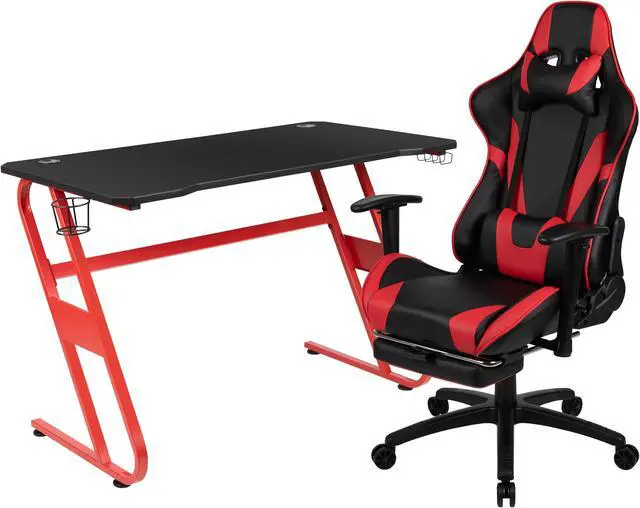 Alt view image 2 of 20 - Red Gaming Desk and Red/Black Footrest Reclining Gaming Chair Set with Cup Holder and Headphone Hook