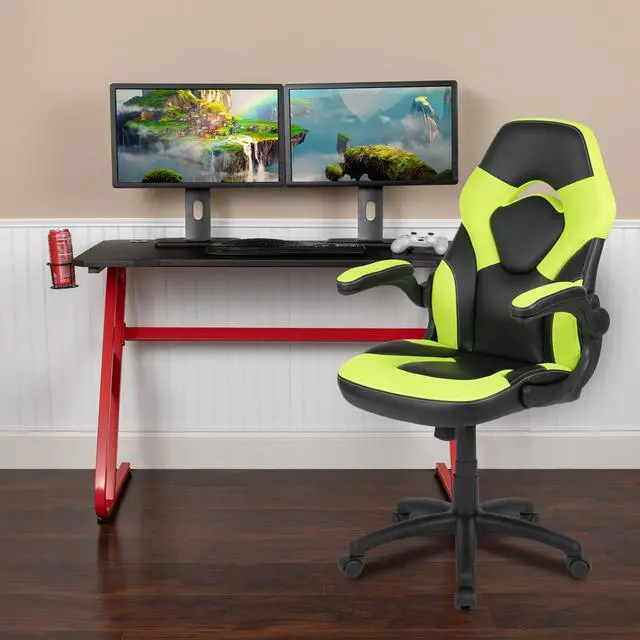 Main image of Red Gaming Desk and Green/Black Racing Chair Set with Cup Holder and Headphone Hook