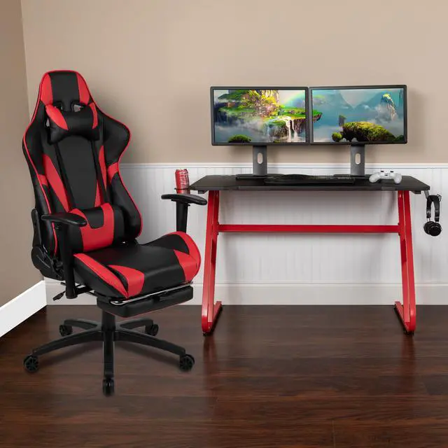 Main image of Red Gaming Desk and Red/Black Footrest Reclining Gaming Chair Set with Cup Holder and Headphone Hook