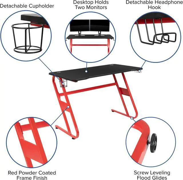 Alt view image 5 of 20 - Red Gaming Desk and Red/Black Footrest Reclining Gaming Chair Set with Cup Holder and Headphone Hook