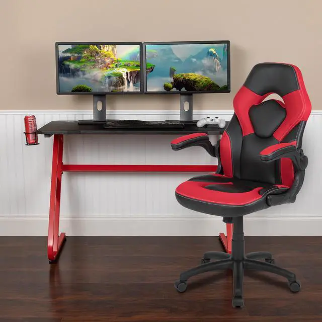 Main image of Red Gaming Desk and Red/Black Racing Chair Set with Cup Holder and Headphone Hook