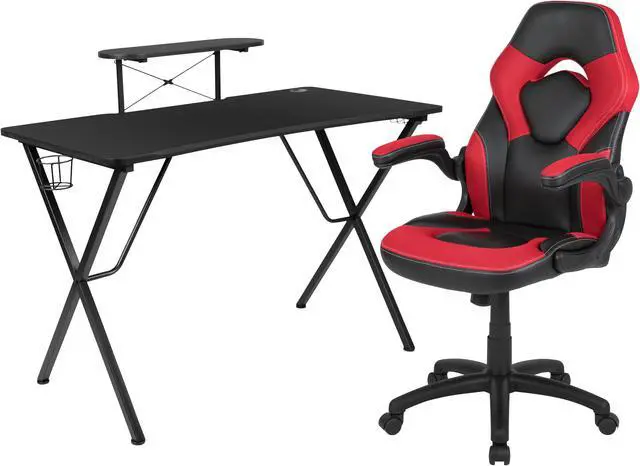 Alt view image 2 of 20 - Black Gaming Desk and Red/Black Racing Chair Set with Cup Holder, Headphone Hook, and Monitor/Smartphone Stand