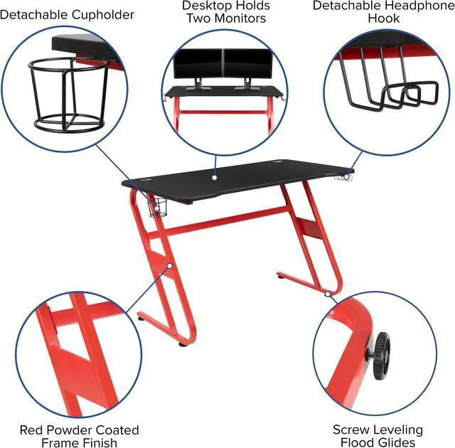 Alt view image 5 of 20 - Red Gaming Desk and Green/Black Racing Chair Set with Cup Holder and Headphone Hook