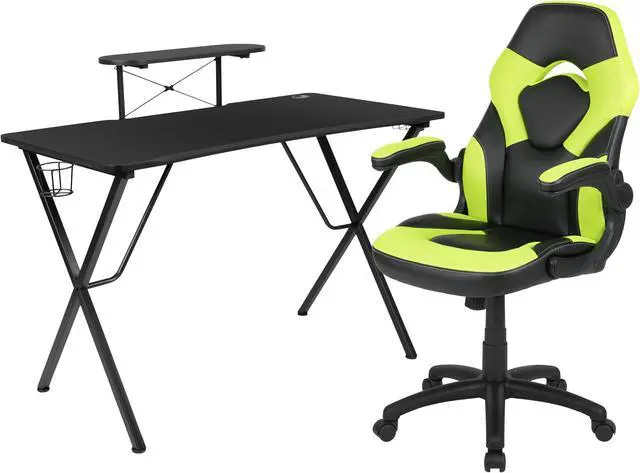 Alt view image 2 of 20 - Black Gaming Desk and Green/Black Racing Chair Set with Cup Holder, Headphone Hook, and Monitor/Smartphone Stand