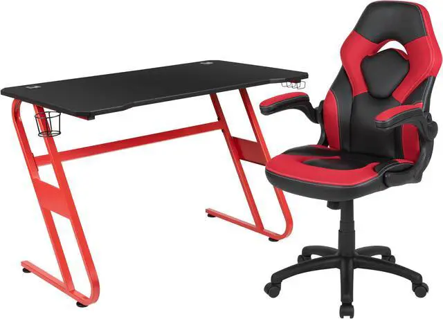 Alt view image 2 of 20 - Red Gaming Desk and Red/Black Racing Chair Set with Cup Holder and Headphone Hook