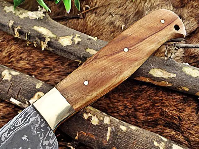 Alt view image 3 of 7 - 12 Inches long custom made Damascus steel full tang butcher Knife 7" full tang blade blade Natural Kow wood scale with brass bolster