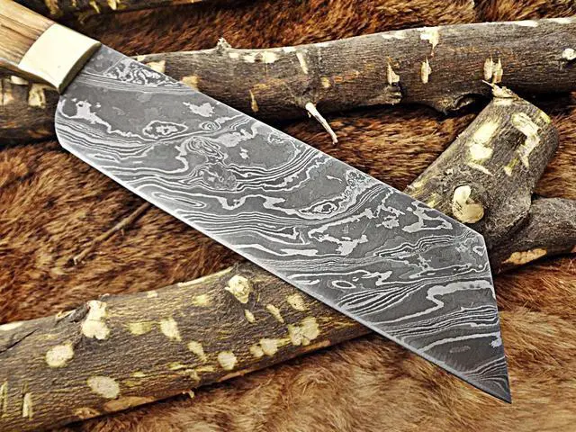 Alt view image 6 of 7 - 12 Inches long custom made Damascus steel full tang butcher Knife 7" full tang blade blade Natural Kow wood scale with brass bolster