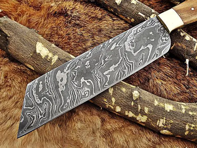 Alt view image 2 of 7 - 12 Inches long custom made Damascus steel full tang butcher Knife 7" full tang blade blade Natural Kow wood scale with brass bolster