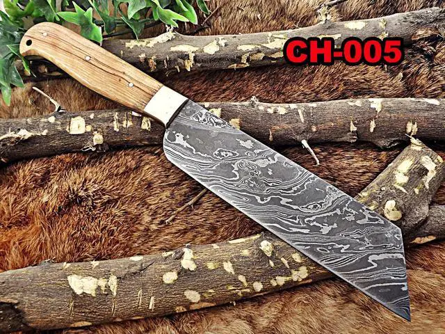 Alt view image 5 of 7 - 12 Inches long custom made Damascus steel full tang butcher Knife 7" full tang blade blade Natural Kow wood scale with brass bolster
