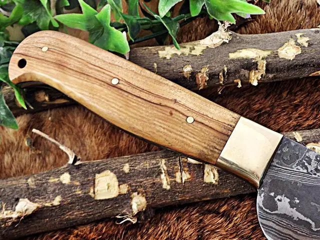 Alt view image 7 of 7 - 12 Inches long custom made Damascus steel full tang butcher Knife 7" full tang blade blade Natural Kow wood scale with brass bolster