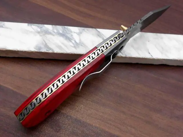 Alt view image 3 of 7 - 8.3" long hand forged custom made Damascus steel pocket clip folding knife, Red colored Camel bone scale, cow leather sheath Red