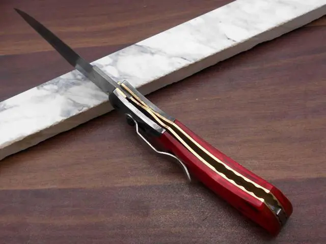 Alt view image 4 of 7 - 8.3" long hand forged custom made Damascus steel pocket clip folding knife, Red colored Camel bone scale, cow leather sheath Red