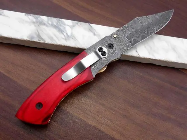 Alt view image 2 of 7 - 8.3" long hand forged custom made Damascus steel pocket clip folding knife, Red colored Camel bone scale, cow leather sheath Red