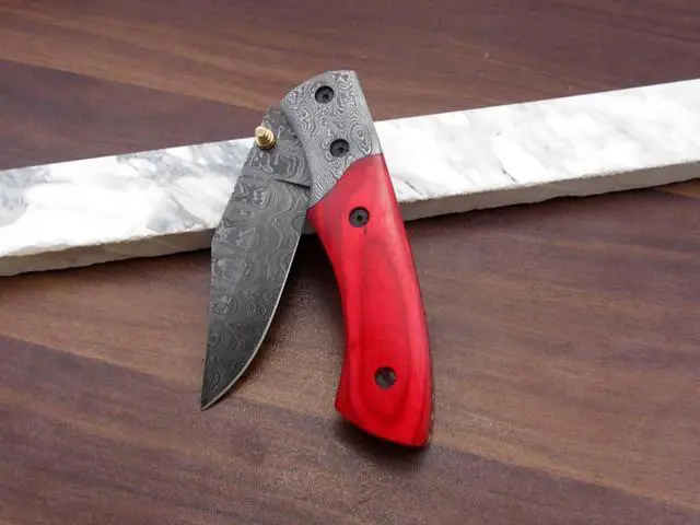 Alt view image 5 of 7 - 8.3" long hand forged custom made Damascus steel pocket clip folding knife, Red colored Camel bone scale, cow leather sheath Red